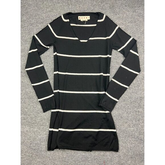 Marni Virgin Wool Dress Women's 14 Black Striped Long Sleeve Made in Italy - Picture 1 of 10